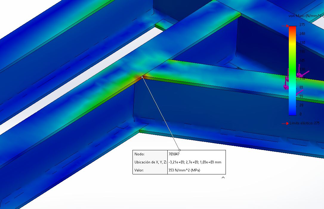 Mitred welded joint showing numerical stress concentration at the sharp reentrant corner.